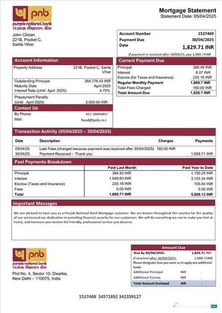 Download India Punjab National Bank mortgage statement Word and PDF template Photoshop template